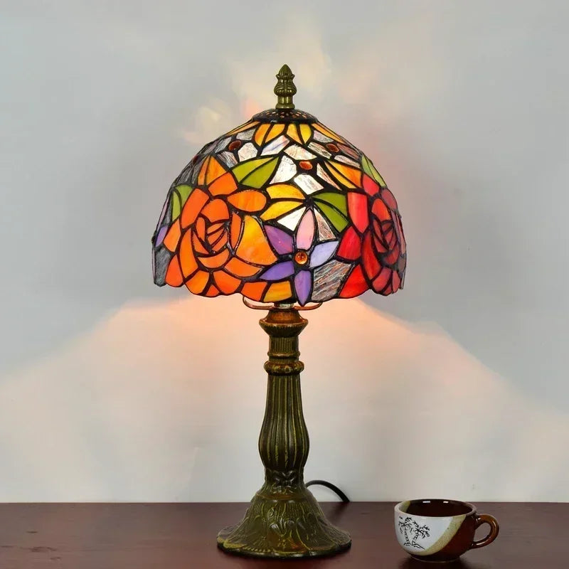 Tiffany Rose Table Lamp Handmade Stained Glass Lighting Fixtures Bedroom Bedside Standing Desk Light Home Luminaria Decor LED