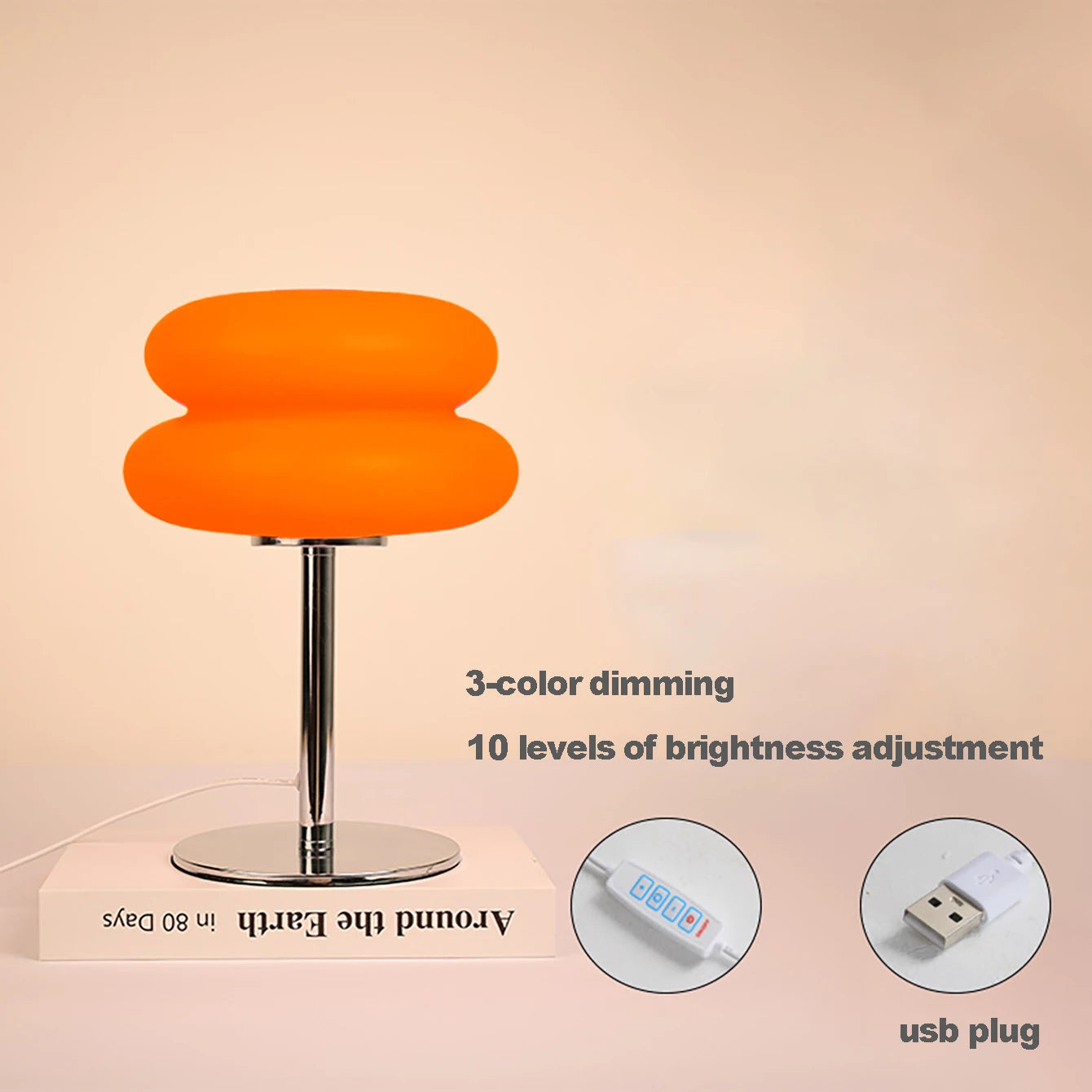 Lamp bedside table plastic lampshade  LED lamps mushroom table lamp USB Plug 9-level brightness dimming ambient light（Not glass
