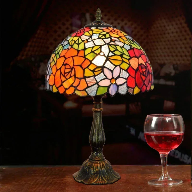 Tiffany Rose Table Lamp Handmade Stained Glass Lighting Fixtures Bedroom Bedside Standing Desk Light Home Luminaria Decor LED