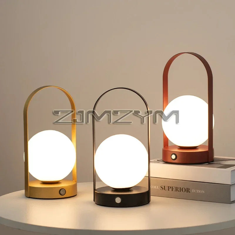 Portable Outdoor Hanging Metal Table Lamp Dimmable Wireless Table Lamp Rechargeable Bedroom Bedside Night Light