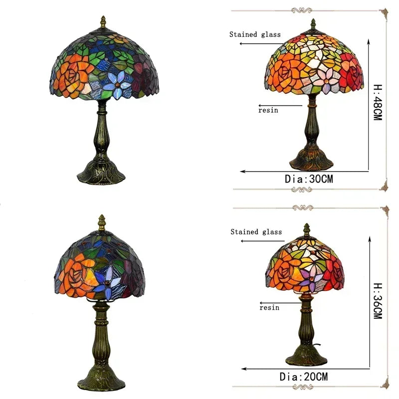 Tiffany Rose Table Lamp Handmade Stained Glass Lighting Fixtures Bedroom Bedside Standing Desk Light Home Luminaria Decor LED