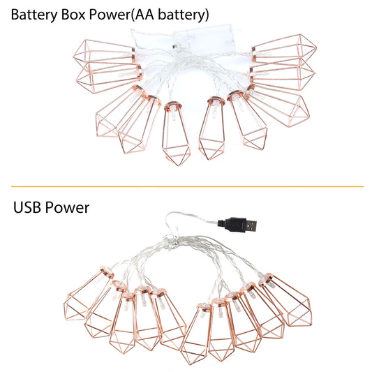 1.5M/3M Retro Iron Diamond Fairy String Lights Nordic Geometric Shape Christmas Wedding Party Home Decor Lantern String Lamp