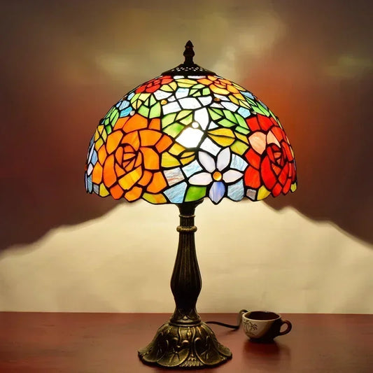 Tiffany Rose Table Lamp Handmade Stained Glass Lighting Fixtures Bedroom Bedside Standing Desk Light Home Luminaria Decor LED